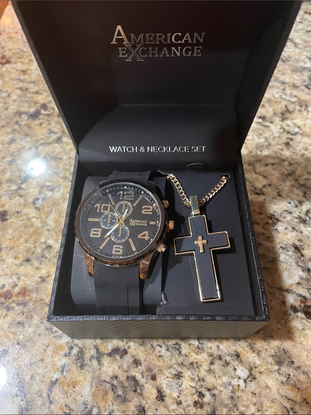American Exchange Black and Gold Men's Watch with Black Cross Necklace